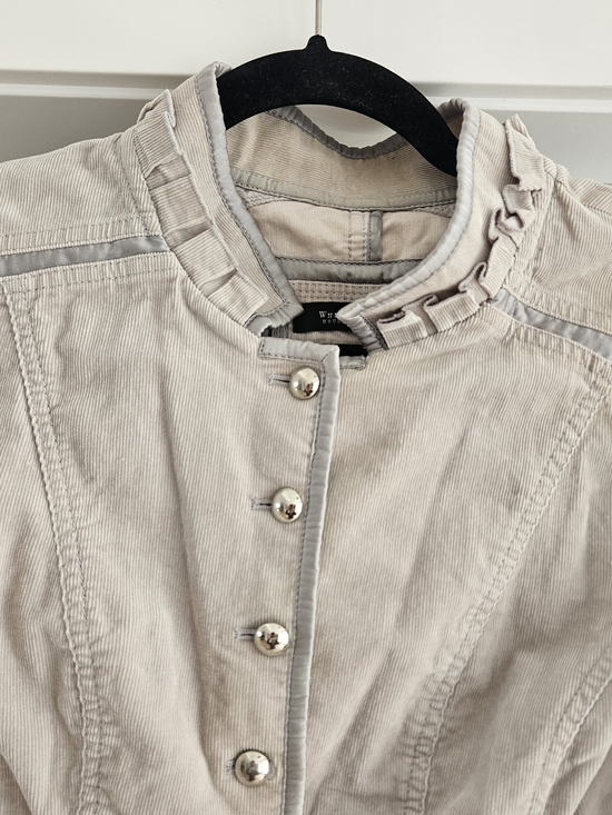 White House Black Market Light Beige Ruffle-Trim Corduroy Jacket - Picture 3 of 6